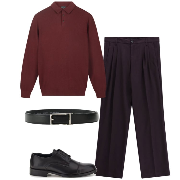 Outfit uomo - Polo a manica lunga. Stile Business/Elegante per Ufficio. Abbinamento con pantaloni, cinture, polo, scarpe stringate.