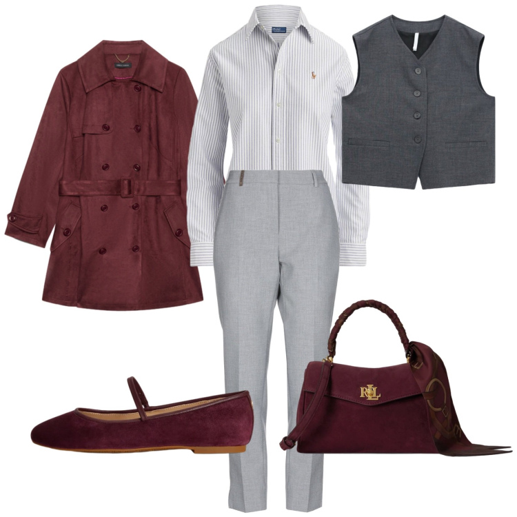 Outfit donna - Chic layring. Stile Chic per Tutti i giorni. Abbinamento con pantaloni, gilet, trench, ballerine, borse a mano, camicie.