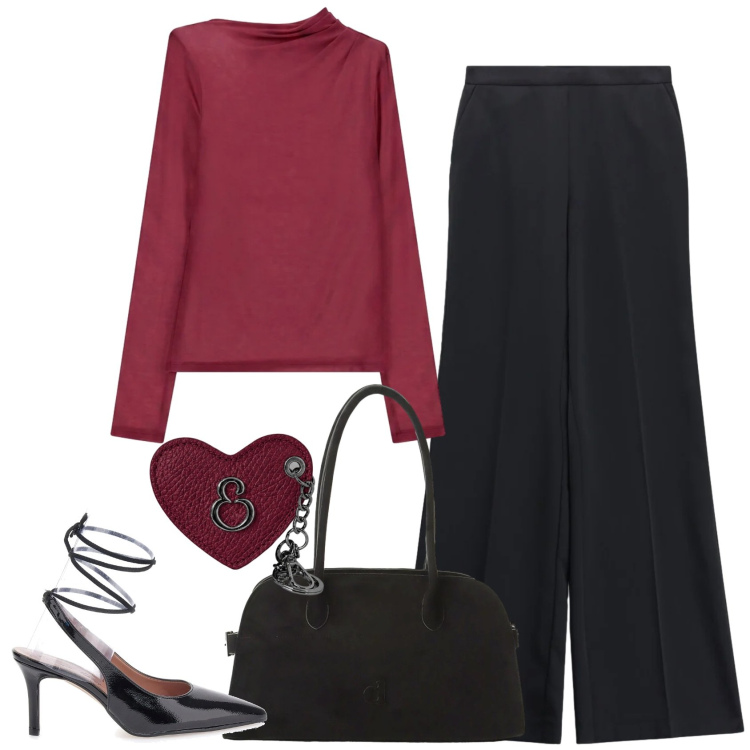 Outfit donna - Total look #2467598. Stile Casual chic per Serata fuori. Abbinamento con pantaloni a palazzo, t-shirt, borse a spalla, portachiavi, décolleté.
