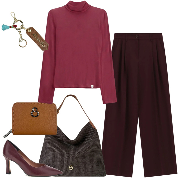 Outfit donna - Total look #2467600. Stile Casual chic per Ufficio. Abbinamento con pantaloni a palazzo, t-shirt, borse a spalla, portachiavi, portafogli, décolleté.