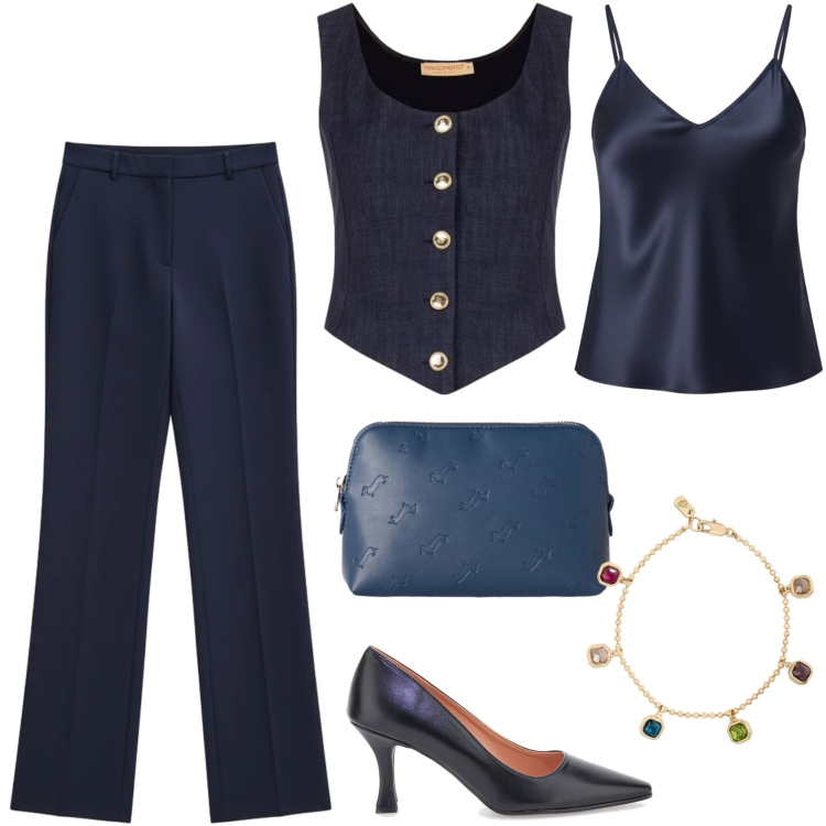 Outfit donna - Total look #2467601. Stile Glamour per Serata fuori. Abbinamento con pochette, gilet, canottiere, pantaloni a palazzo, braccialetti, décolleté.