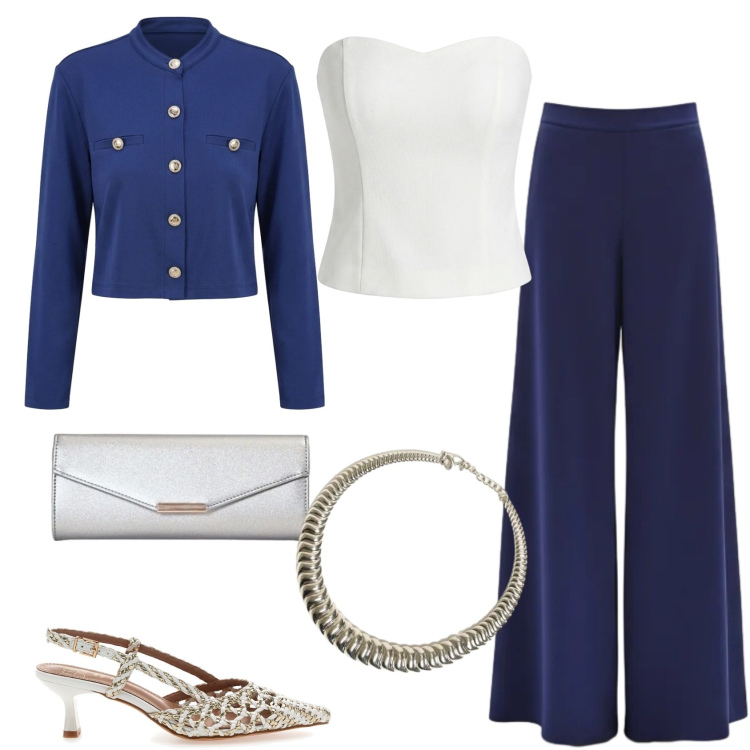 Outfit donna - Cerimonia informale. Stile Chic per Cerimonia. Abbinamento con pantaloni a palazzo, cardigans, top, clutch, collane, décolleté.