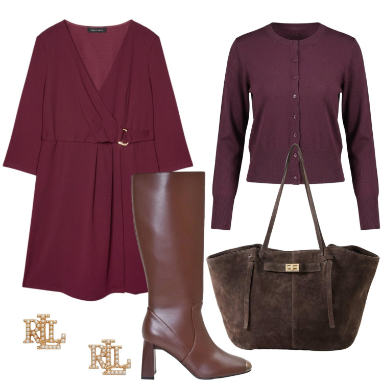 Outfit donna - Bordeaux fashion. Stile Basic per Tutti i giorni. Abbinamento con shopping bag, stivali sopra il ginocchio, cardigans, vestiti corti, orecchini.