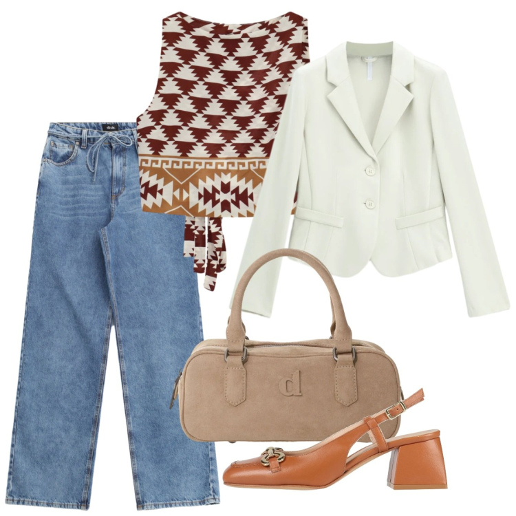 Outfit donna - Tocco etnico. Stile Bon Ton per Ufficio. Abbinamento con décolleté, blazer, jeans, top, borse a mano.