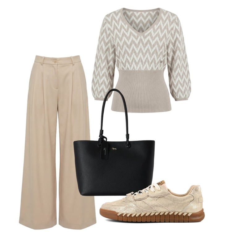 Outfit donna - Settembre. Stile Bon Ton per Tutti i giorni. Abbinamento con maglieria, pantaloni, shopping bag, sneakers.
