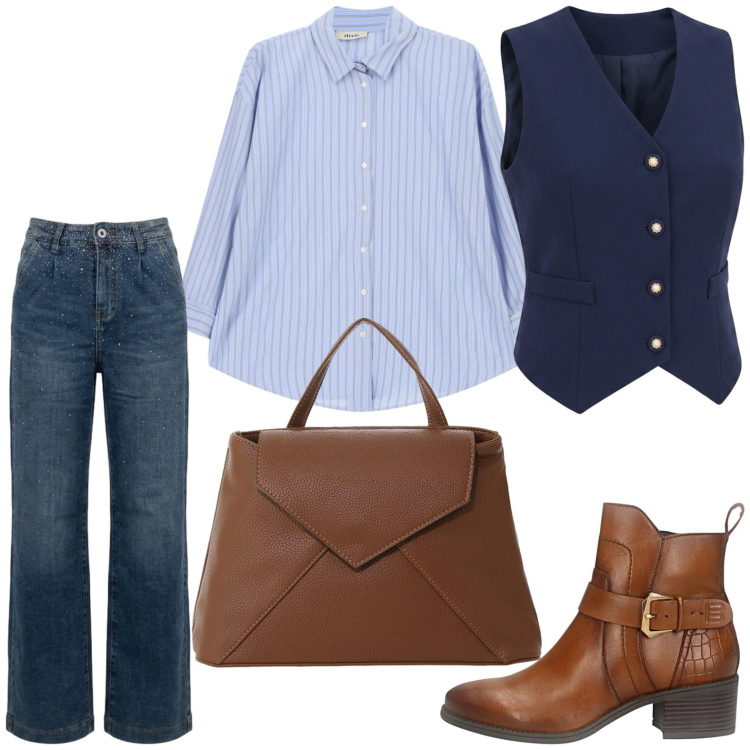 Outfit donna - Gilet elegante. Stile Casual per Ufficio. Abbinamento con borse a mano, camicie, gilet, jeans, stivaletti.