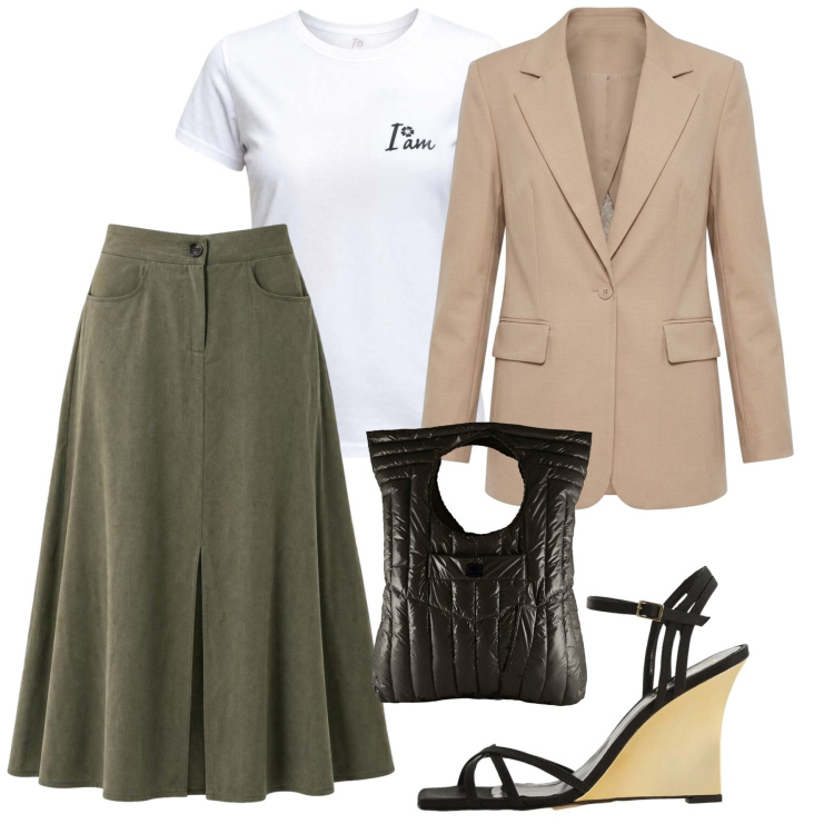 Outfit donna - Settembre. Stile Bon Ton per Tutti i giorni. Abbinamento con sandali col tacco, gonne lunghe, blazer, t-shirt, borse a mano.