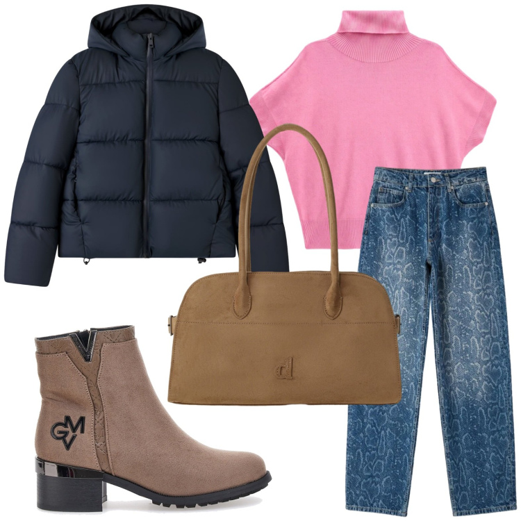 Outfit donna - Outfit trendy. Stile Casual per Ufficio. Abbinamento con pullovers, borse a spalla, bomber, jeans dritti, stivaletti.