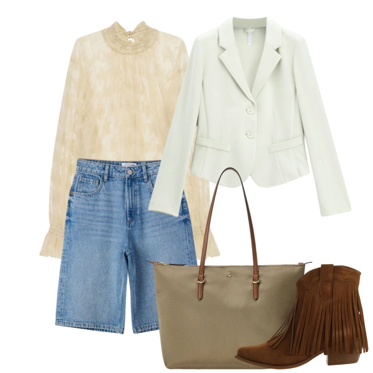 Outfit donna - Settembre. Stile Boho per Tutti i giorni. Abbinamento con bluse, blazer, stivaletti texani, bermuda, borse tote.