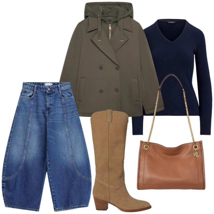 Outfit donna - Stile urbano. Stile Urban per Scuola/Università. Abbinamento con jeans, blazer, borse tote, maglieria, stivali.