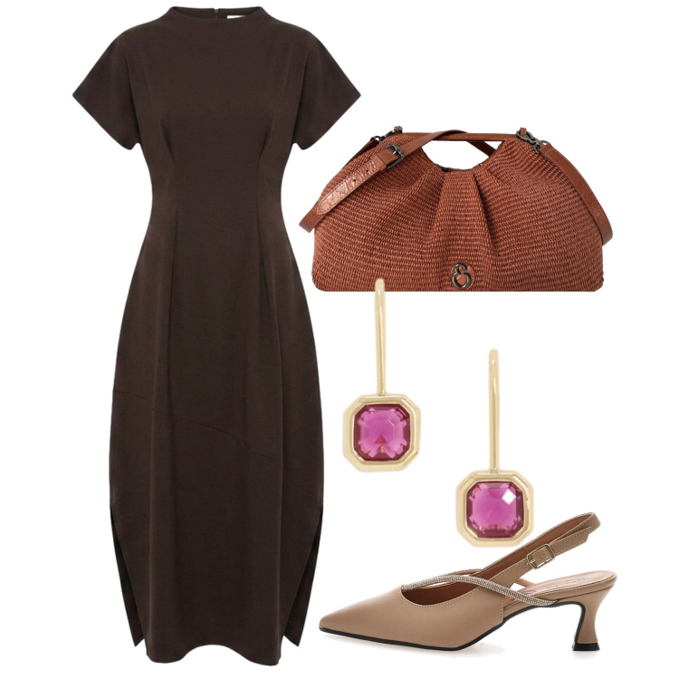 Outfit donna - Cacao a settembre. Stile Chic per Cerimonia. Abbinamento con clutch, vestiti lunghi, orecchini, décolleté.