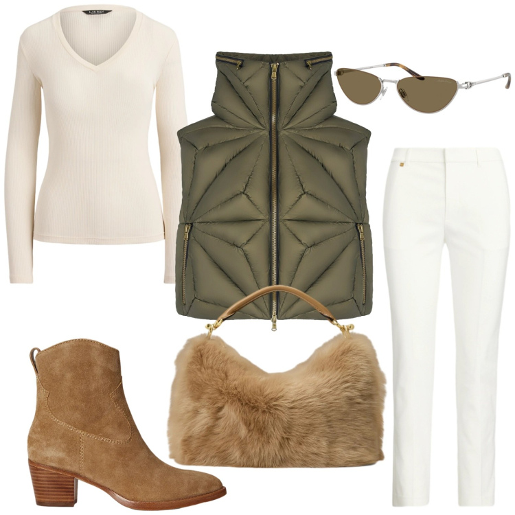 Outfit donna - Borsa peluche. Stile Casual per Tutti i giorni. Abbinamento con piumini, stivaletti, pantaloni, occhiali da sole, borse a mano, maglieria.