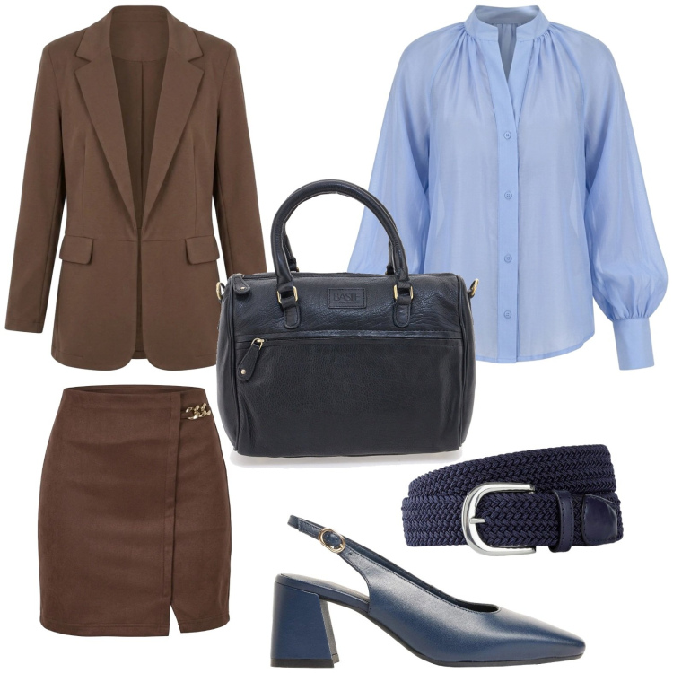 Outfit donna - Stile classico. Stile Casual per Ufficio. Abbinamento con cinture, décolleté, minigonne, camicie, blazer, borse a tracolla.