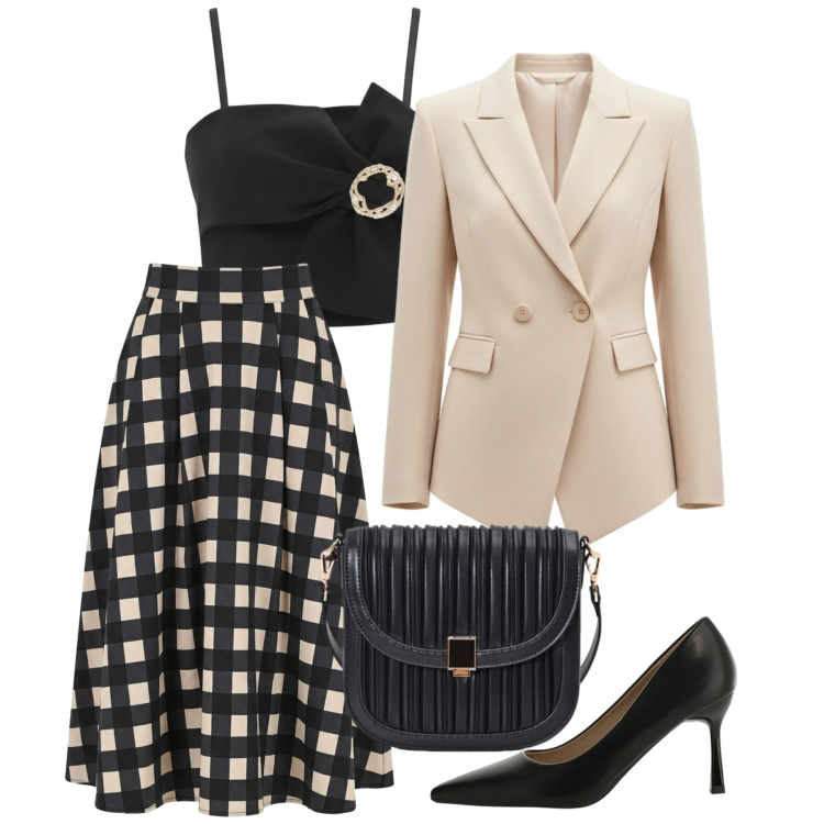 Outfit donna - Formale a settembre. Stile Chic per Tutti i giorni. Abbinamento con décolleté, gonne longuette, top, borse a tracolla, blazer.