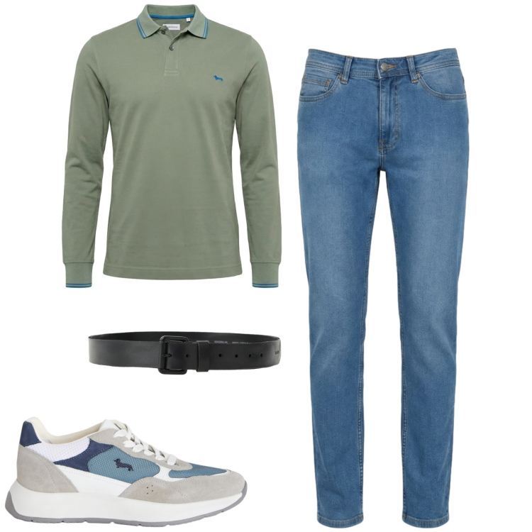Outfit uomo - La polo a maniche lunghe. Stile Casual per Tutti i giorni. Abbinamento con sneakers, polo, jeans, cinture.