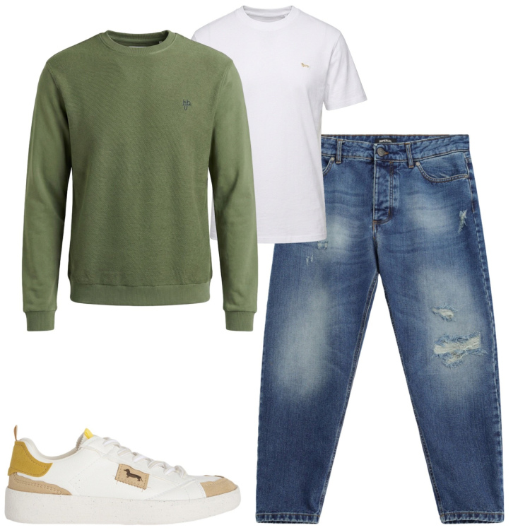 Outfit uomo - Settimana. Stile Casual per Tutti i giorni. Abbinamento con felpe, sneakers, t-shirt, jeans strappati.