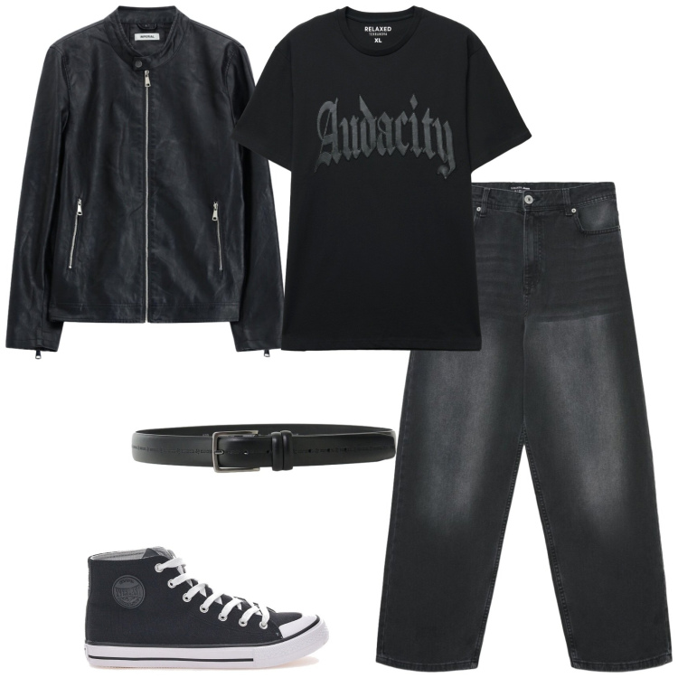 Outfit uomo - Total look #2467708. Stile Biker Rock per Serata speciale. Abbinamento con giacche, cinture, t-shirt, jeans, sneakers.