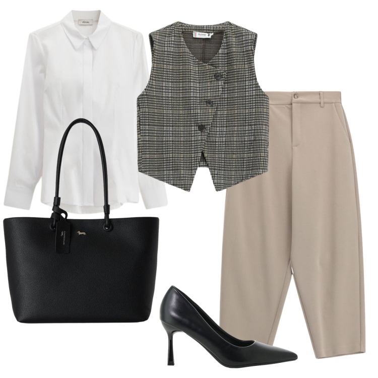 Outfit donna - Pronta per il rientro. Stile Mannish per Ufficio. Abbinamento con shopping bag, décolleté, camicie, pantaloni, gilet.