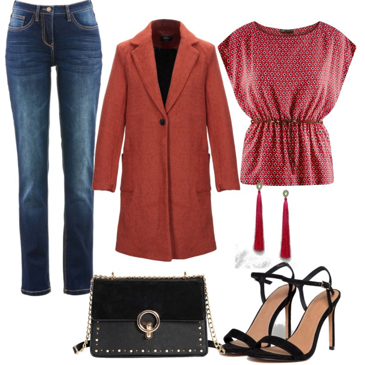 Outfit donna - Urban retrò. Stile Urban Abbinamento con jeans dritti, borsa a tracolla, cappotto fantasia collo con revers a maniche lunghe interno foderato monopetto, camicetta con stampa aderente rosso, sandali nudo, orecchini con pietra farfalla in denim con strass e nappine.