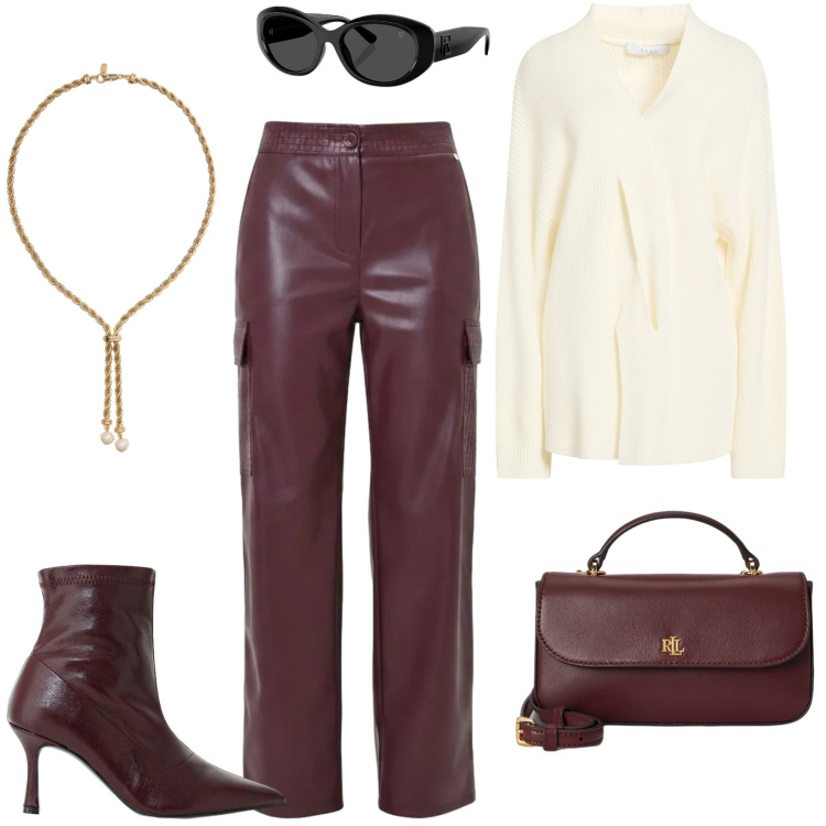 Outfit donna - La pelle burgundy indossata di giorno. Stile Trendy per Tutti i giorni. Abbinamento con pullovers, stivaletti, pantaloni cargo, occhiali da sole, borse a mano, collane.