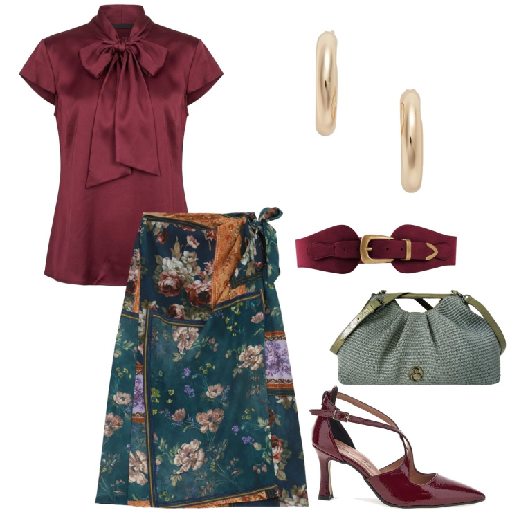 Outfit donna - Settembre. per Serata fuori. Abbinamento con cinture, gonne longuette, clutch, camicie, orecchini, décolleté.