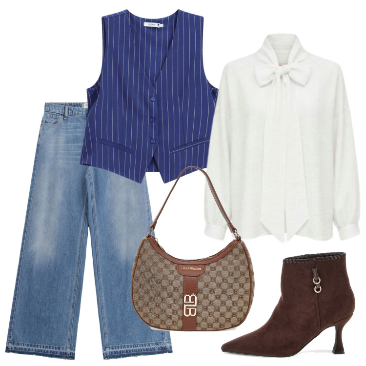 Outfit donna - Gilet gessato e camicia leziosa. Stile Trendy per Ufficio. Abbinamento con camicie, jeans, gilet, borse a spalla, stivaletti.