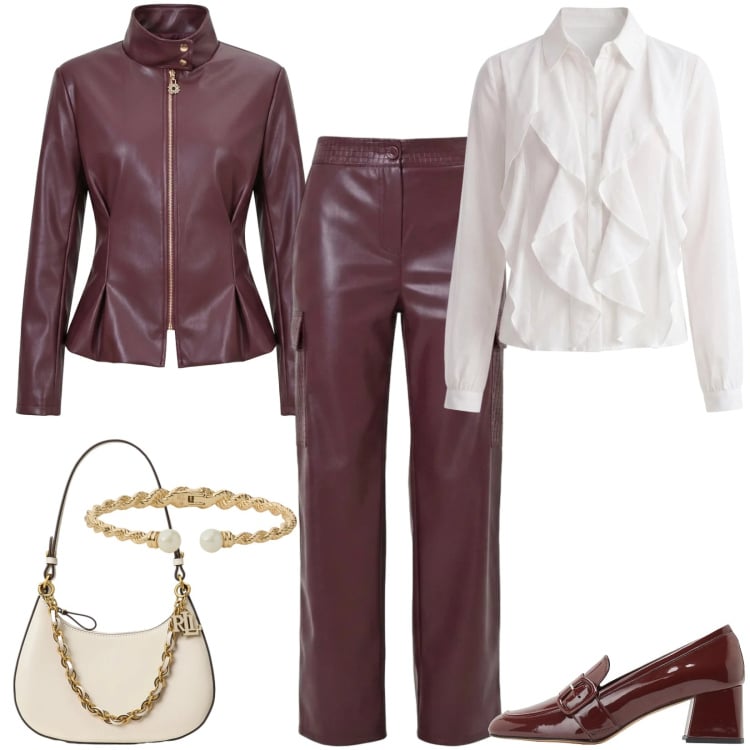 Outfit donna - Total burgundy alleggerito dal bianco. Stile Trendy per Tutti i giorni. look ideale per Tall. Abbinamento con mocassini, camicie, pantaloni cargo, giacche, borse a spalla, braccialetti.