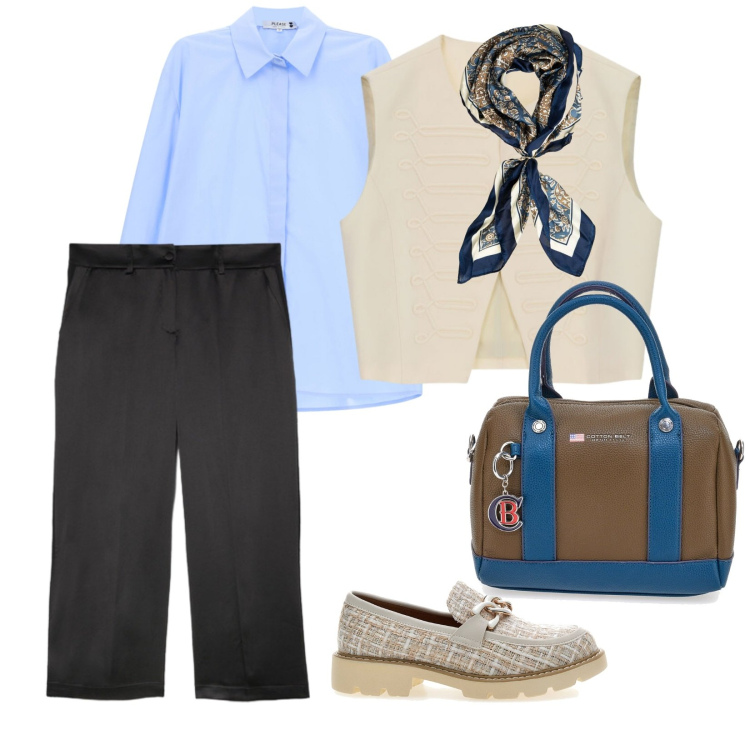 Outfit donna - Settembre. per Tutti i giorni. Abbinamento con gilet, camicie, pantaloni, foulard, borse a mano, mocassini.