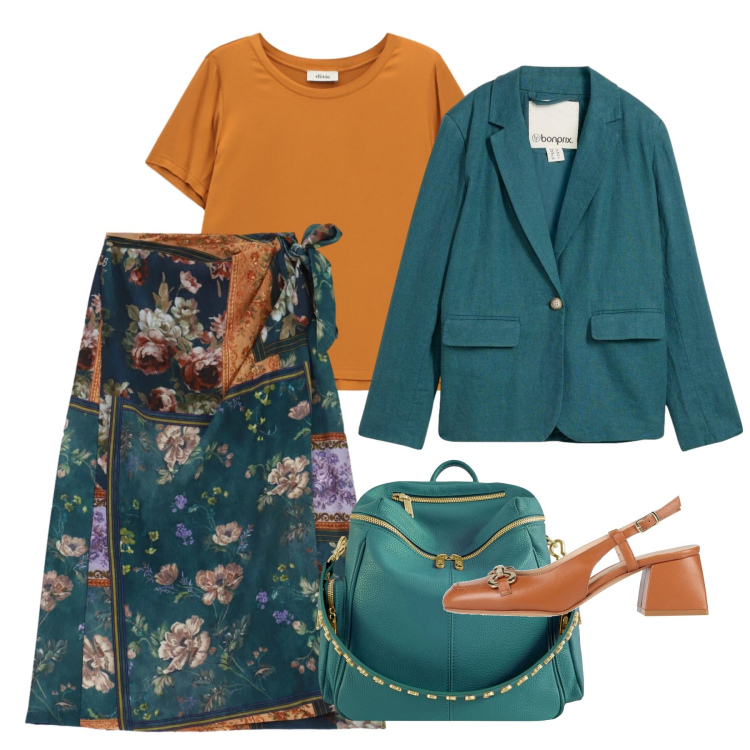 Outfit donna - Aperitivo di Settembre. Stile Chic per Tutti i giorni. Abbinamento con décolleté, blazer, t-shirt, gonne longuette, zaini.
