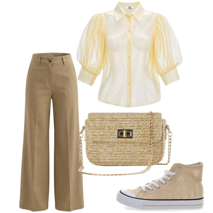 Outfit donna - La camicia con le maniche a sbuffo. Stile Bon Ton per Tutti i giorni. Abbinamento con borse a tracolla, camicie, pantaloni a palazzo, sneakers.