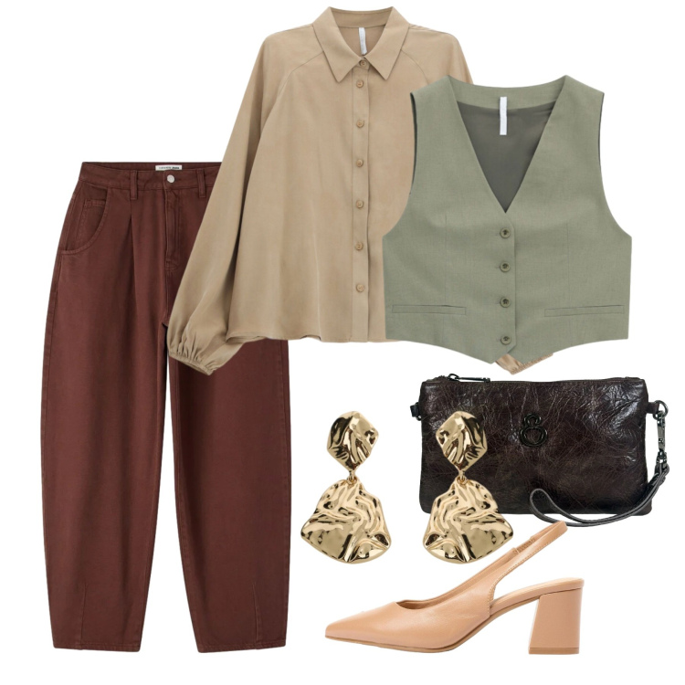 Outfit donna - Chic Urban Layering. Stile Casual chic per Tutti i giorni. Abbinamento con décolleté, gilet, camicie, orecchini, pantaloni, pochette.