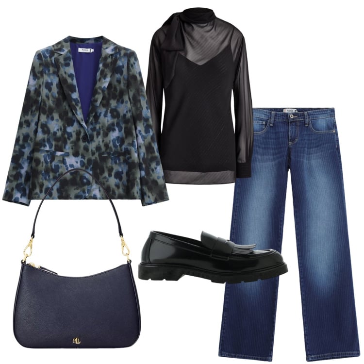 Outfit donna - Il blazer maculato. Stile Urban per Ufficio. Abbinamento con mocassini, jeans dritti, blazer, borse a spalla, bluse.