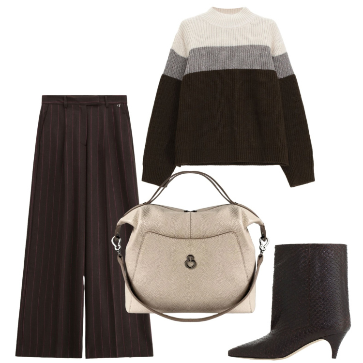 Outfit donna - Marrone profondo. Stile Urban per Ufficio. Abbinamento con pantaloni a palazzo, maglieria, stivali, borse a mano.