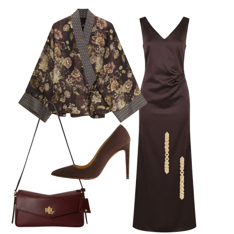 Outfit donna - Serata di gala. Stile Chic per Serata fuori. Abbinamento con kimono, vestiti lunghi, décolleté, borse a spalla, orecchini.