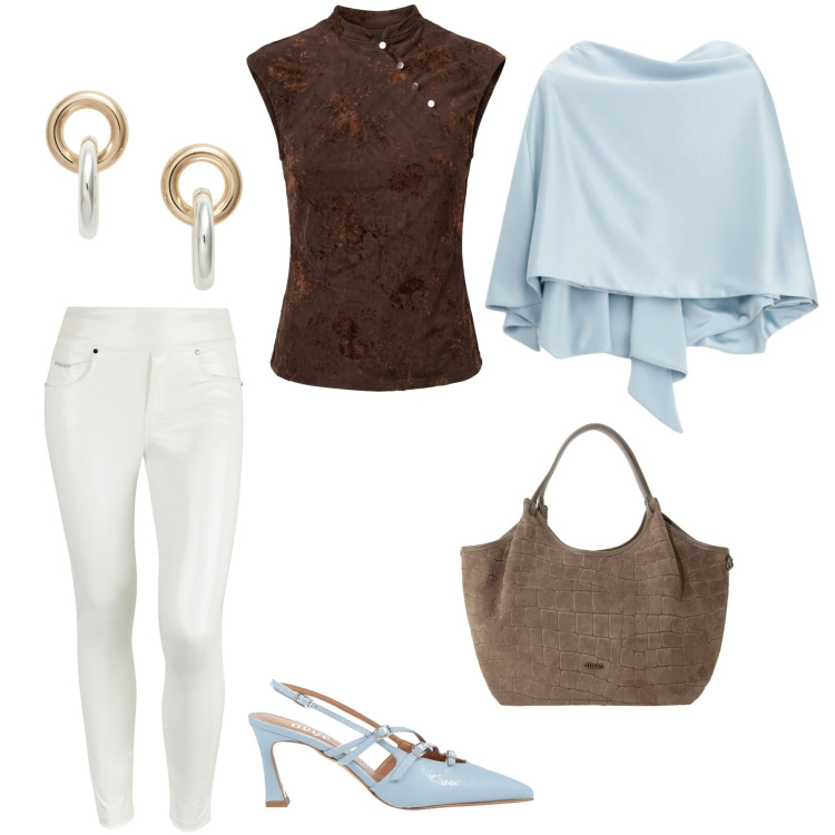 Outfit donna - Semplicità. Stile Casual chic per Tutti i giorni. Abbinamento con décolleté, scialli, borse a spalla, pantaloni skinny, top, orecchini.