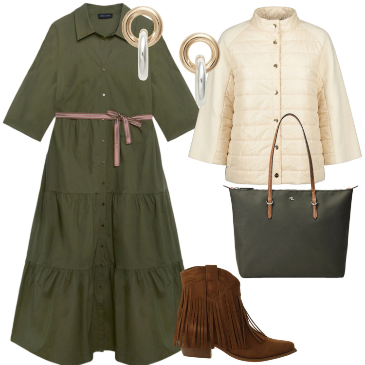 Outfit donna - Vestito per settembre. per Ufficio. Abbinamento con stivaletti texani, vestiti chemisier, blazer, orecchini, borse tote.