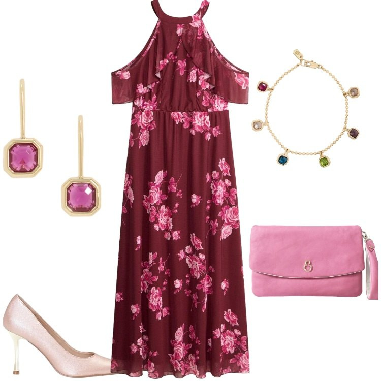 Outfit donna - Aperitivo con amiche. Stile Romantica per Serata fuori. Abbinamento con vestiti lunghi, décolleté, pochette, orecchini, braccialetti.