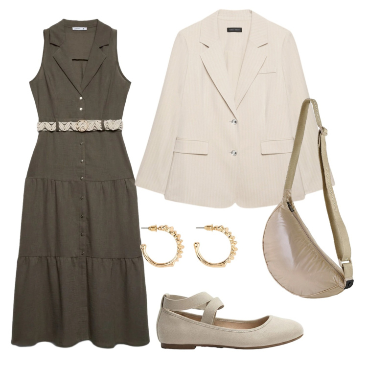 Outfit donna - Total look #2467759. Stile Casual chic per Ufficio. Abbinamento con orecchini, ballerine, vestiti chemisier, blazer, borse a tracolla.