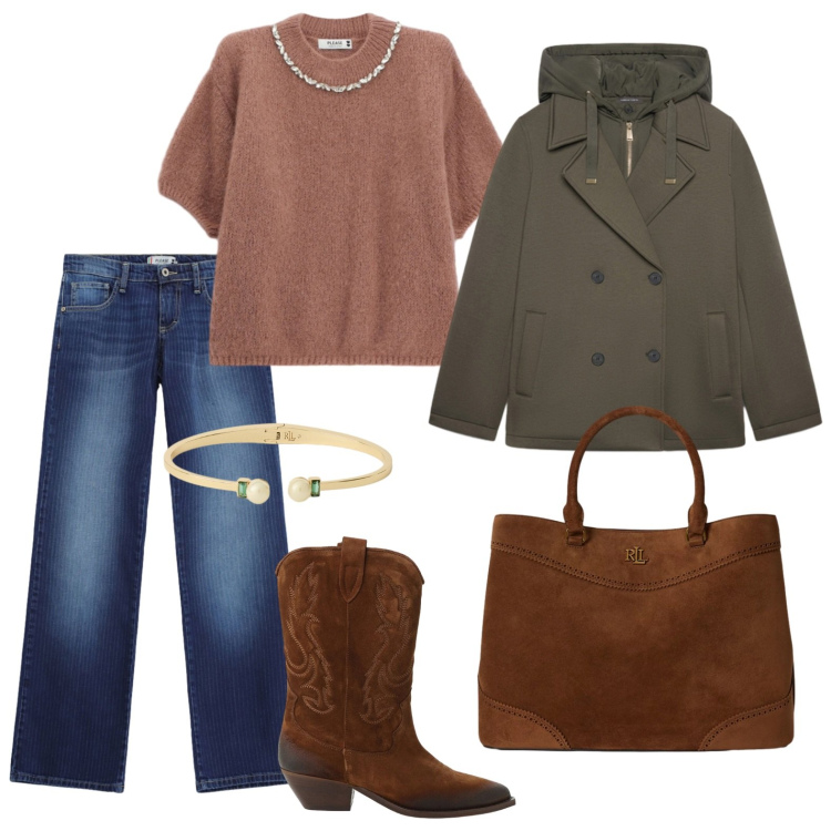 Outfit donna - Cenni d\'autunno. Stile Urban per Ufficio. Abbinamento con stivaletti texani, jeans dritti, maglieria, blazer, borse a mano, braccialetti.