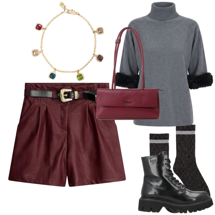 Outfit donna - Per un aperitivo o una serata fuori. Stile Casual per Serata fuori. Abbinamento con anfibi, shorts, borse a spalla, maglieria, calzini, braccialetti.