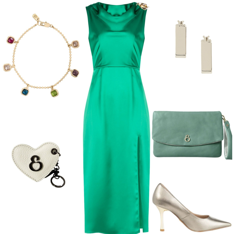Outfit donna - Aperitivo a settembre. Stile Chic per Serata fuori. Abbinamento con vestiti midi/longuette, décolleté, portachiavi, pochette, orecchini, braccialetti.