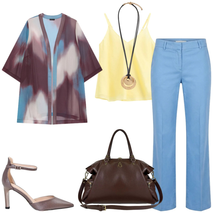 Outfit donna - Total look #2467766. Stile Chic per Ufficio. Abbinamento con pantaloni, top, décolleté, kimono, ciondoli, borse a spalla.