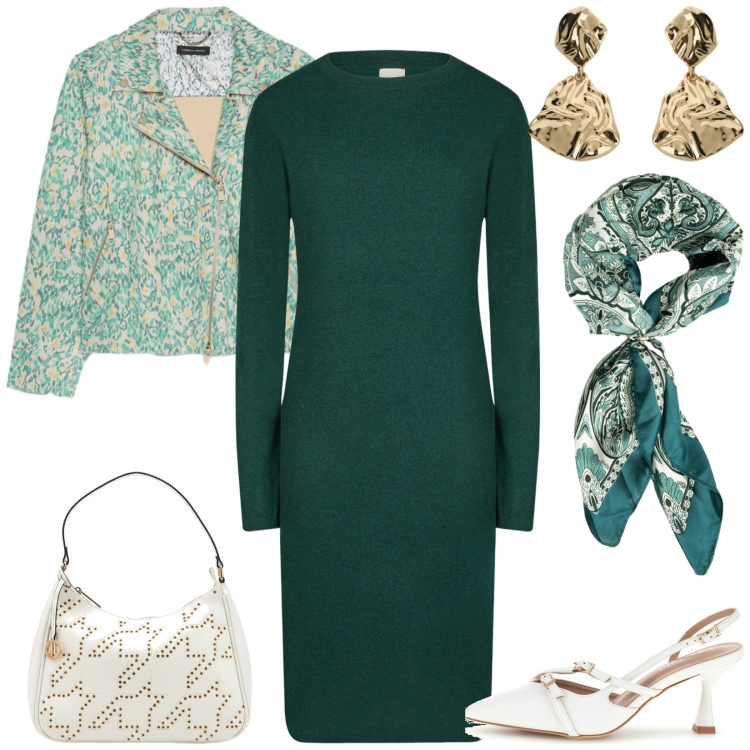 Outfit donna - Settembre. Stile Chic per Ufficio. Abbinamento con orecchini, vestiti midi/longuette, blazer, foulard, décolleté, borse a tracolla.