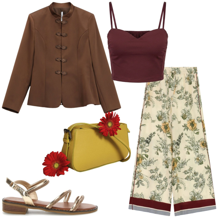 Outfit donna - Total look #2467771. Stile Etnico per Serata fuori. Abbinamento con blazer, borse a spalla, pantaloni a palazzo, top, sandali col tacco.