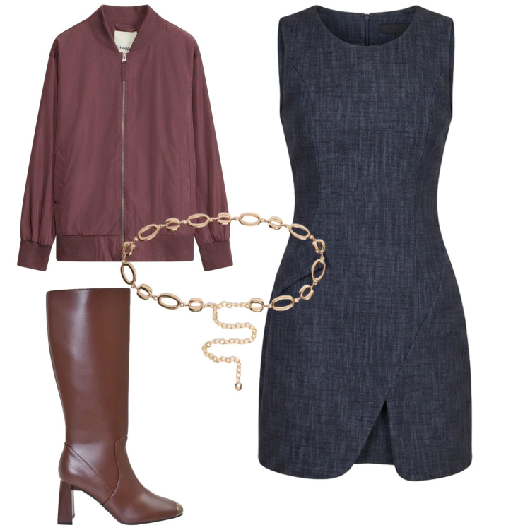Outfit donna - Settembre. Stile Casual chic per Tutti i giorni. Abbinamento con bomber, vestiti corti, stivali sopra il ginocchio, cinture.