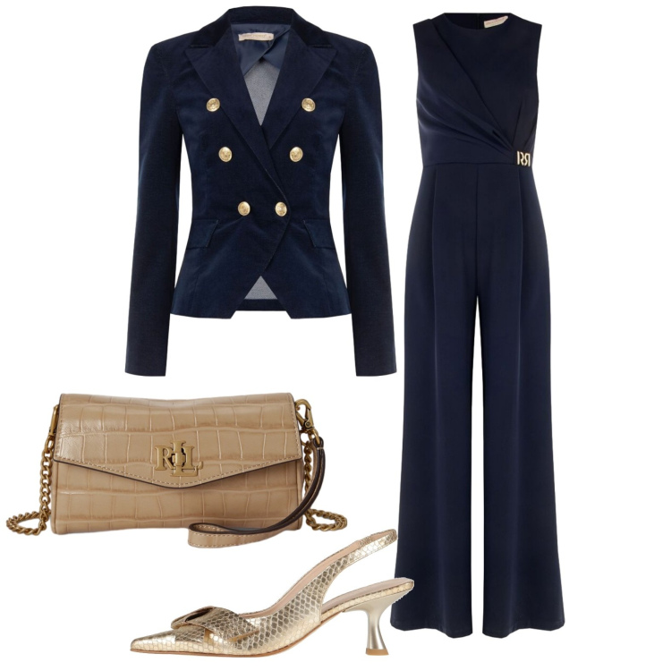 Outfit donna - In blu per una cerimonia serale. Stile Chic per Cerimonia. Abbinamento con décolleté, tute, blazer, portafogli.