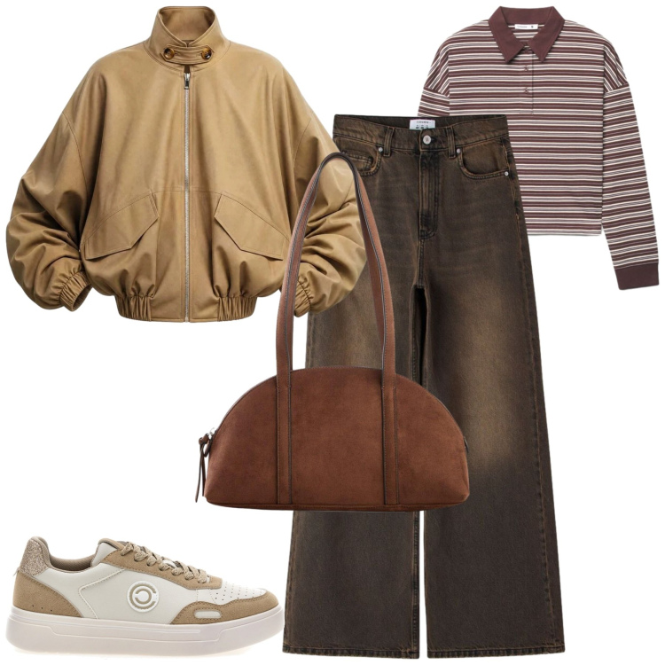 Outfit donna - Settembre. Stile Casual per Tutti i giorni. Abbinamento con borse a tracolla, jeans, polo, bomber, sneakers.