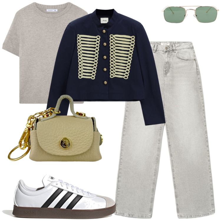 Outfit donna - Alamari. Stile Trendy per Tutti i giorni. Abbinamento con occhiali da sole, blazer, t-shirt, jeans, portachiavi, sneakers.