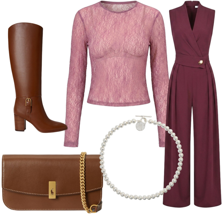 Outfit donna - Selfconfident. Stile Chic per Serata fuori. Abbinamento con collane, clutch, stivali, tute, top.