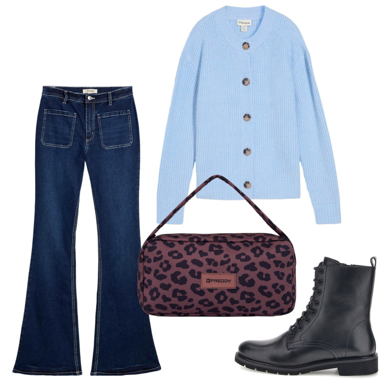 Outfit donna - Voglia d\'autunno. Stile Basic per Tutti i giorni. Abbinamento con cardigans, jeans a zampa, borse a spalla, anfibi.